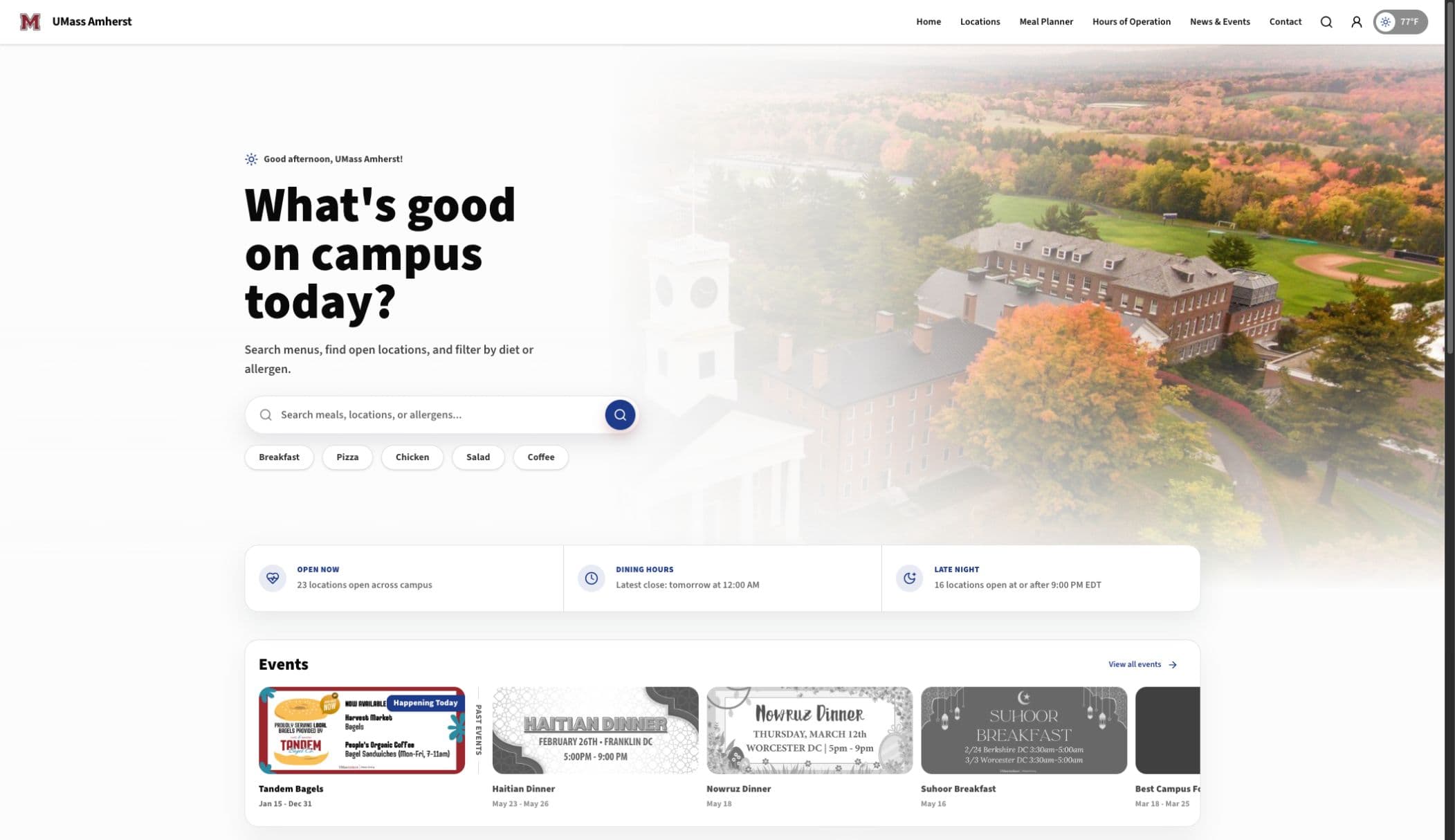 UMass Amherst Dining homepage