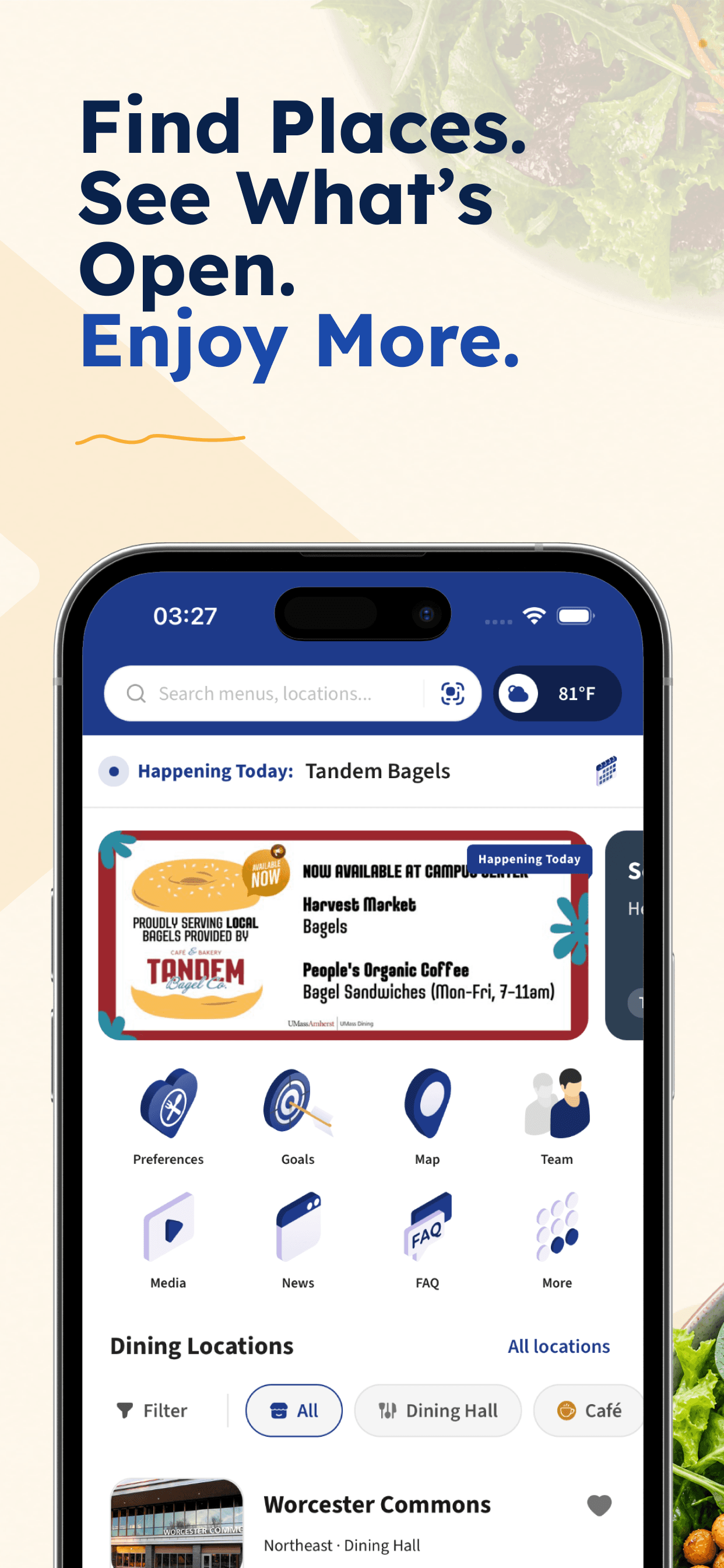 Dining Connect app home and campus locations