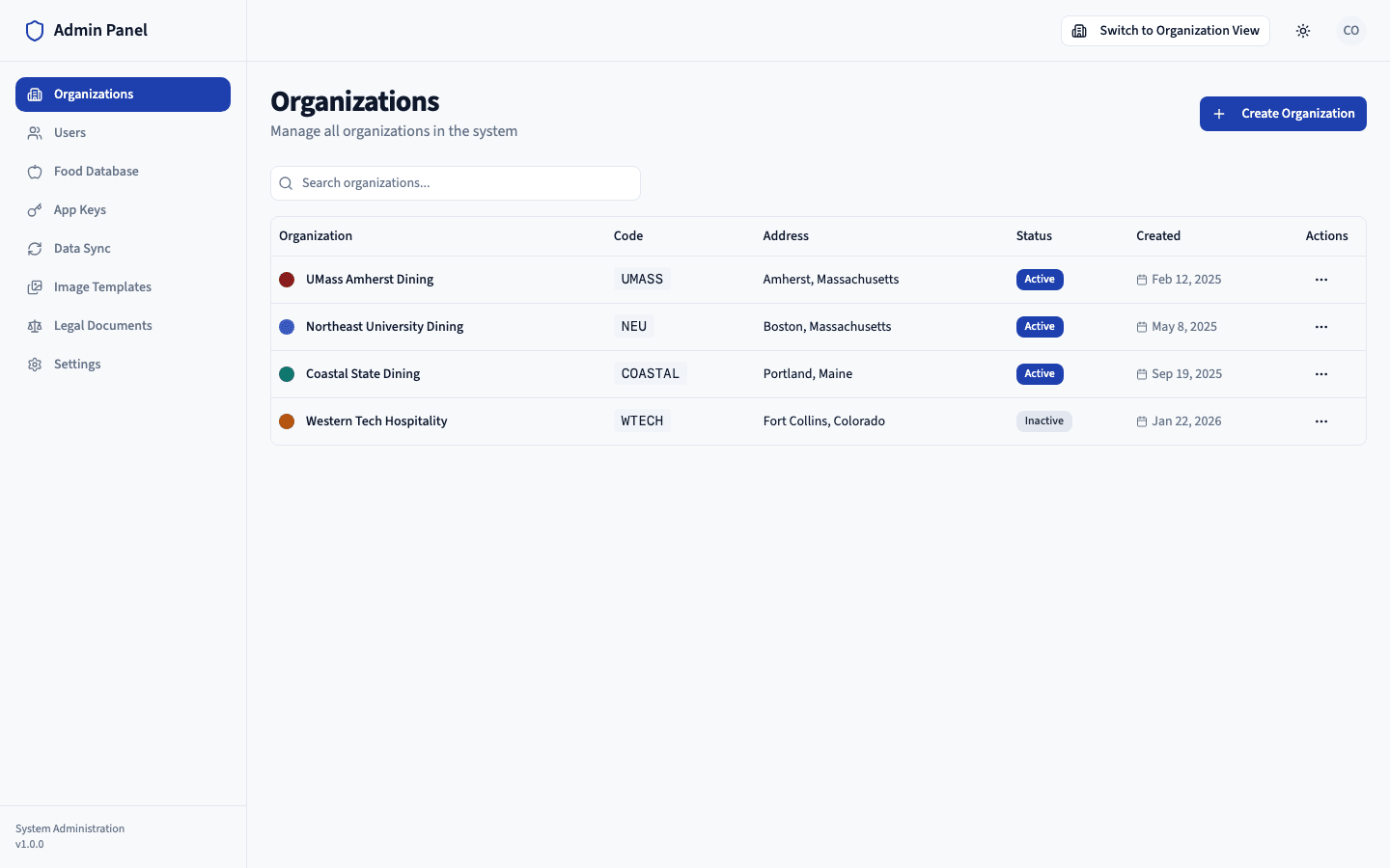 Dining Connect system administration view listing university organizations